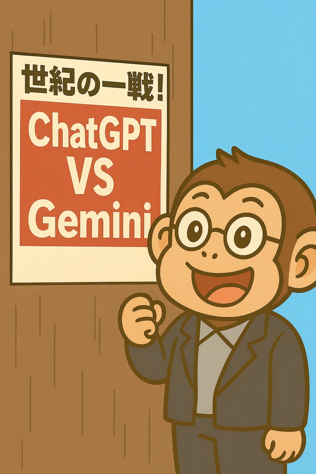 ChatGPTとGeminiが戦ったらどうなるのかを楽しみにしているブログ初心者の心境を描いたイラスト