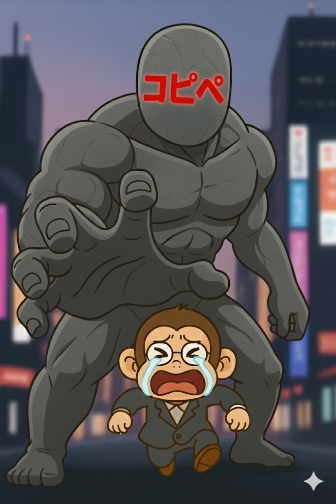 生成AIを使ったブログ運営でコピペ作業に追われる体験を描いたイラスト